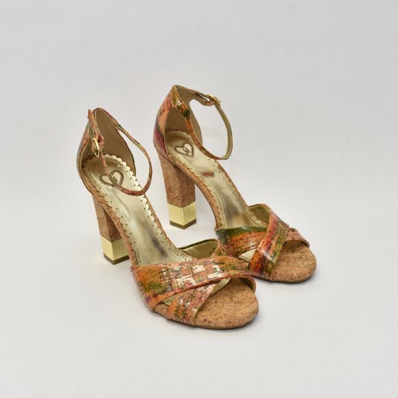 Sz 8 Cork & Gold Block Open-toe Block Heel - Picture 4 of 10